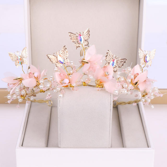Pink flower butterfly crown headband for wedding