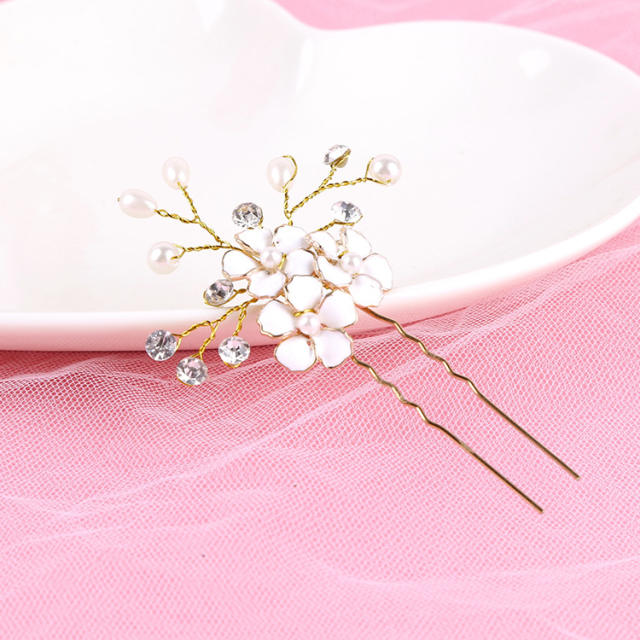 Enamel flower pearl bridal hairpins