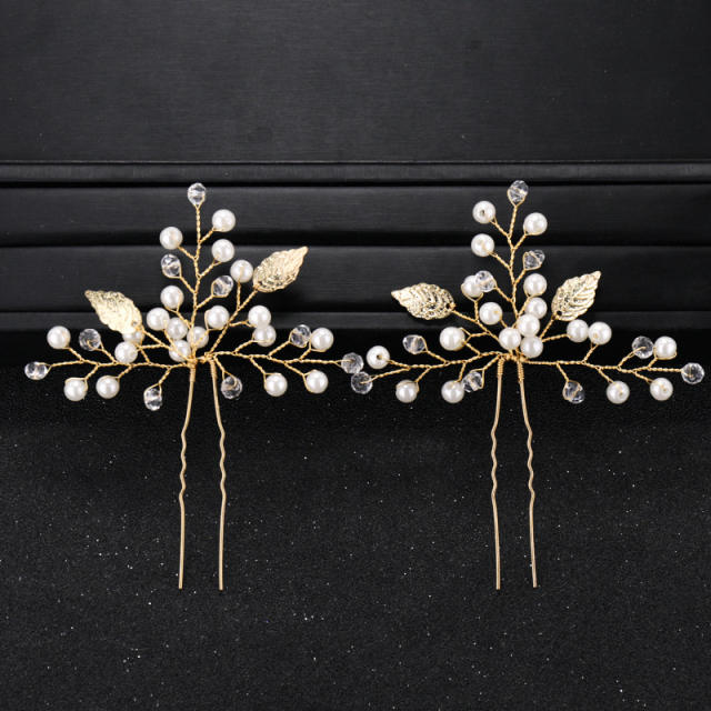 Leaf pearl and crystal beads bridal hairpin