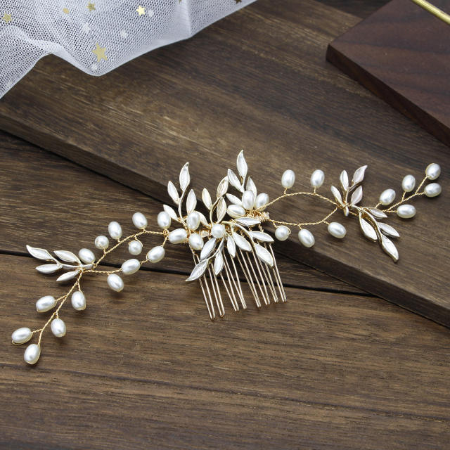 Simple pearl leaf bridal hair comb