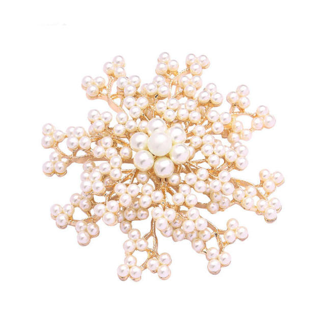 Elegant faux pearl beaded snowflake brooch