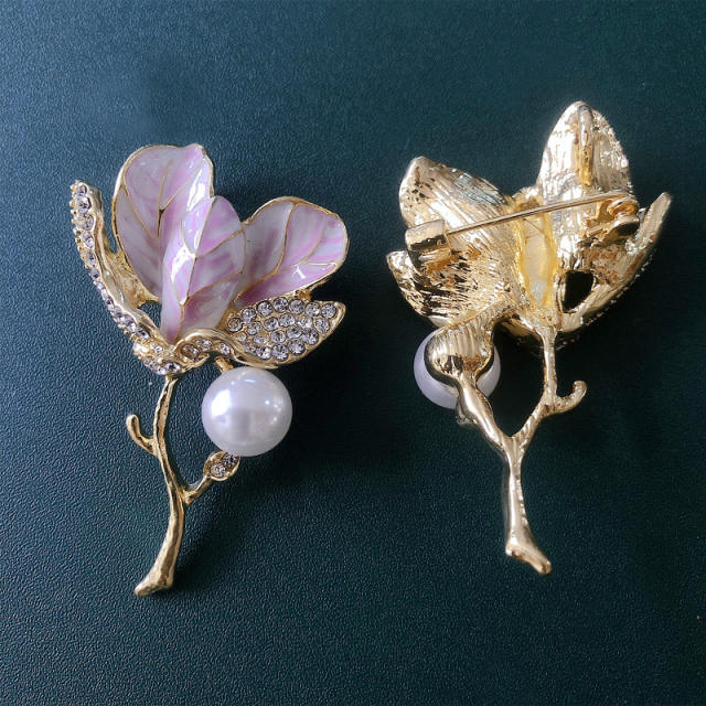 Chinese style enamel hibiscus pearl brooch