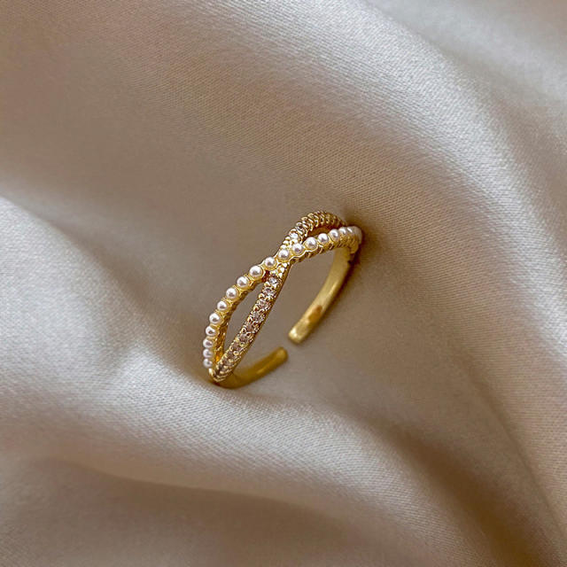 Rhinestone pearl beaded cross open finger ring