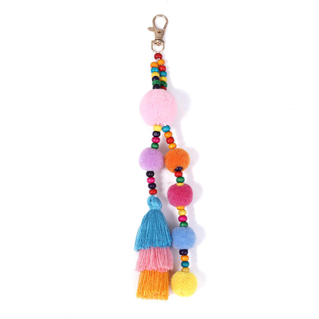 Colorful fuzzy ball tassel beads keychain