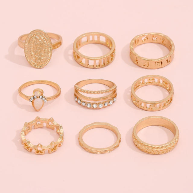 Retro hollowed out star roman numerals rings 9 pcs set