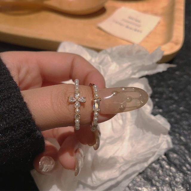 Pearl beaded CZ open finger ring