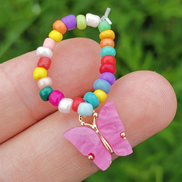 Color seed beads butterfly charm elastic finger ring