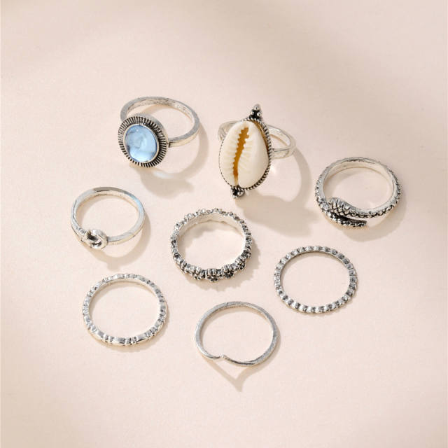 Boho shell 8pcs finger ring set