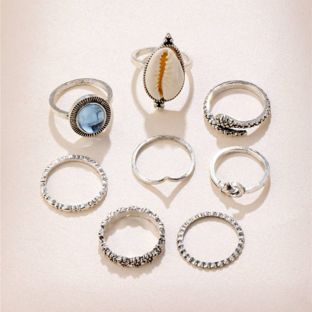 Boho shell 8pcs finger ring set
