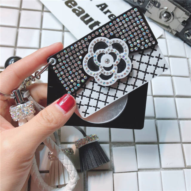 Diamond camellia flower mirror tassel keychain