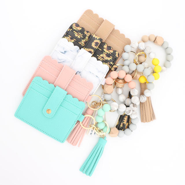 PU leather bracelet tassel card holder keychain