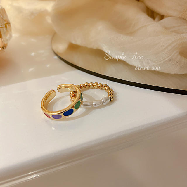 Color enamel open finger ring pearl ring set