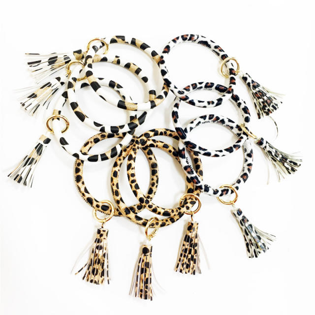 Leopard PU leather bracelet tassel keychain