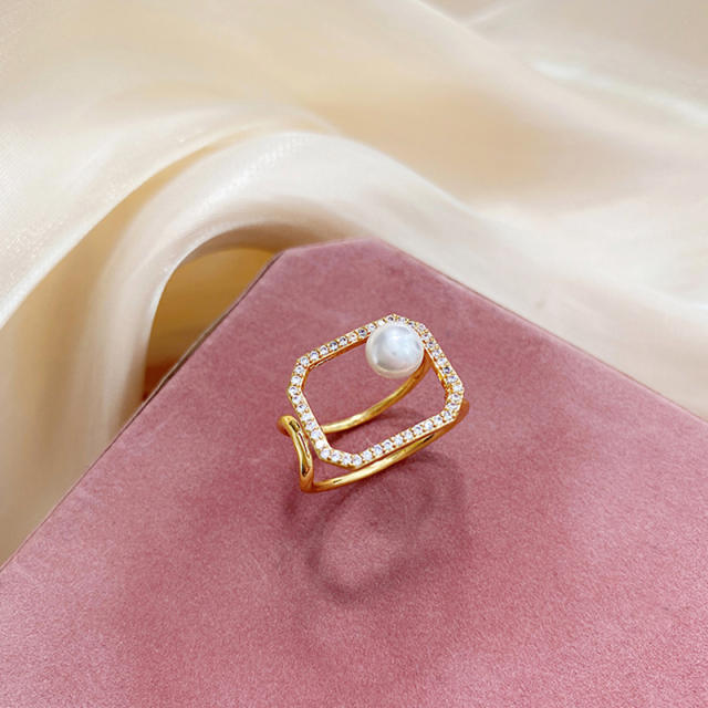 Diamond pearl hollow open finger ring