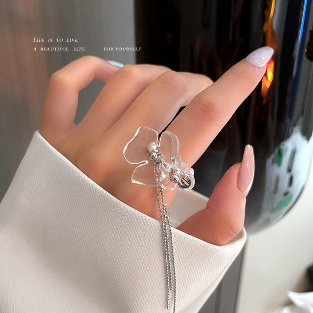 Transparent flower tassel pearl open finger ring