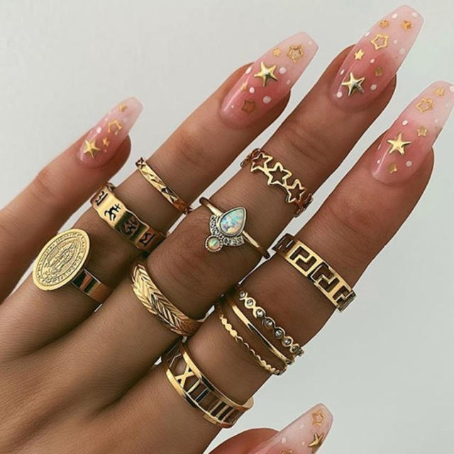 Retro hollowed out star roman numerals rings 9 pcs set