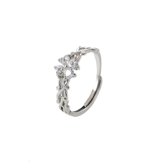 Four-Leaf Clover cubic zirconia diamond open finger ring