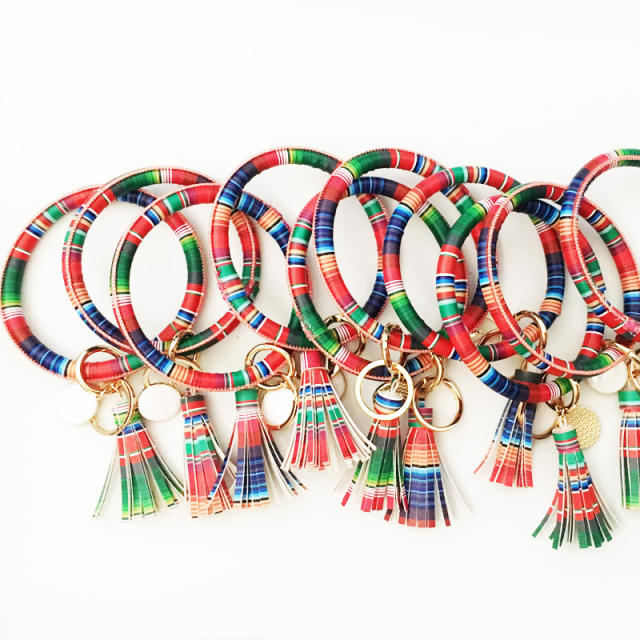 Colorful PU leather tassel bracelet keychain