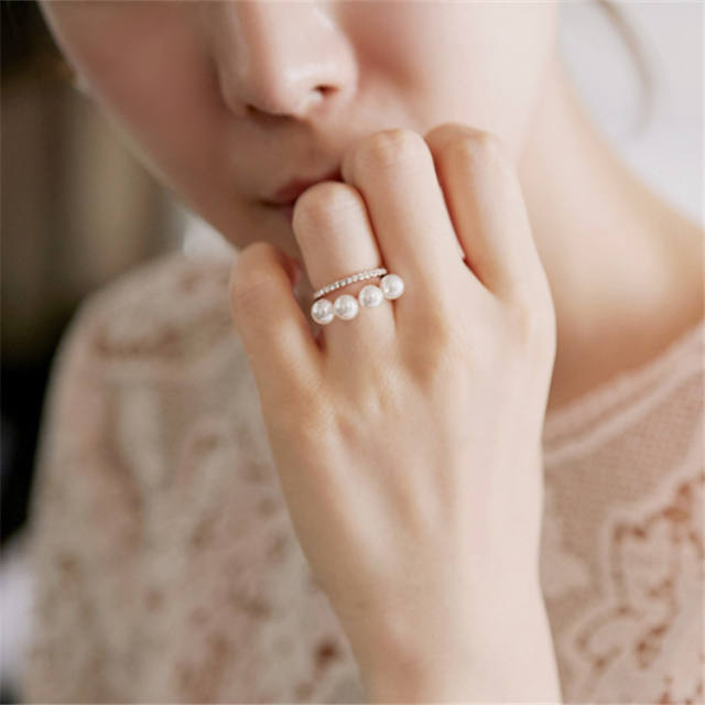 Double-layer Pearl diamond open finger ring