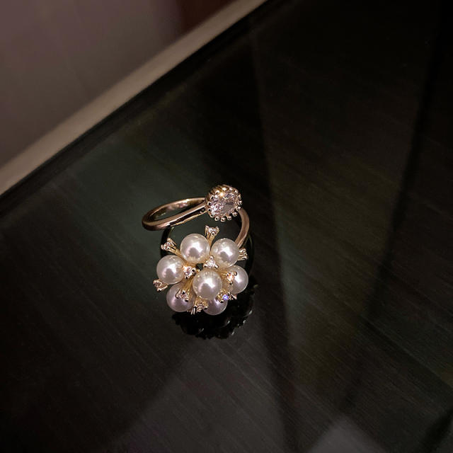 Pearl beaded flower adjustable finger ring