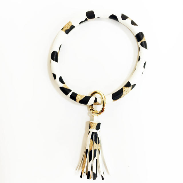 Leopard PU leather bracelet tassel keychain