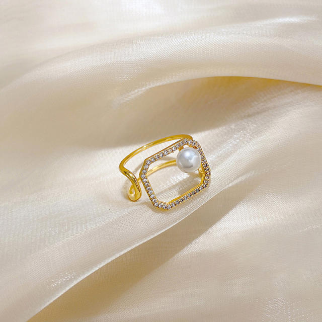 Diamond pearl hollow open finger ring