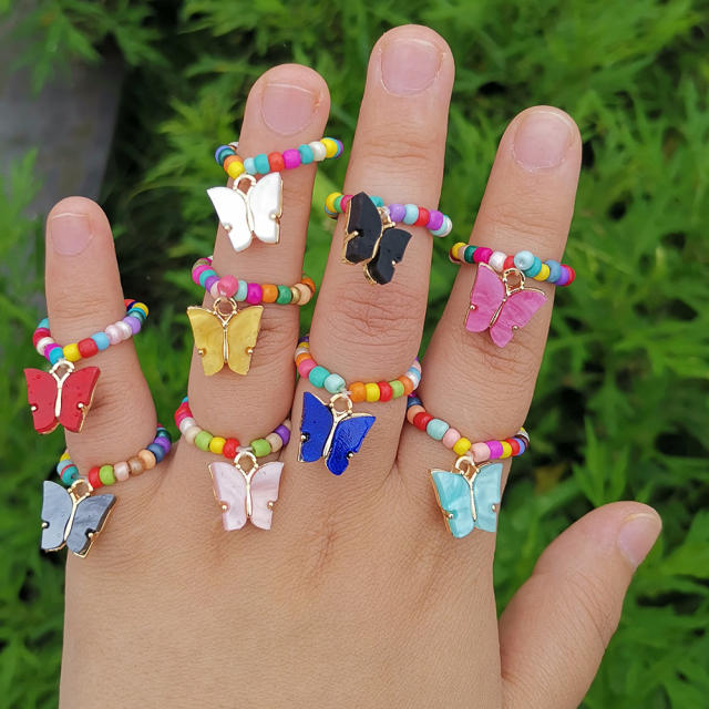 Color seed beads butterfly charm elastic finger ring