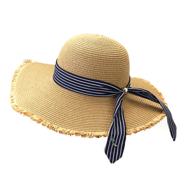 Stripped ribbon straw beach hat