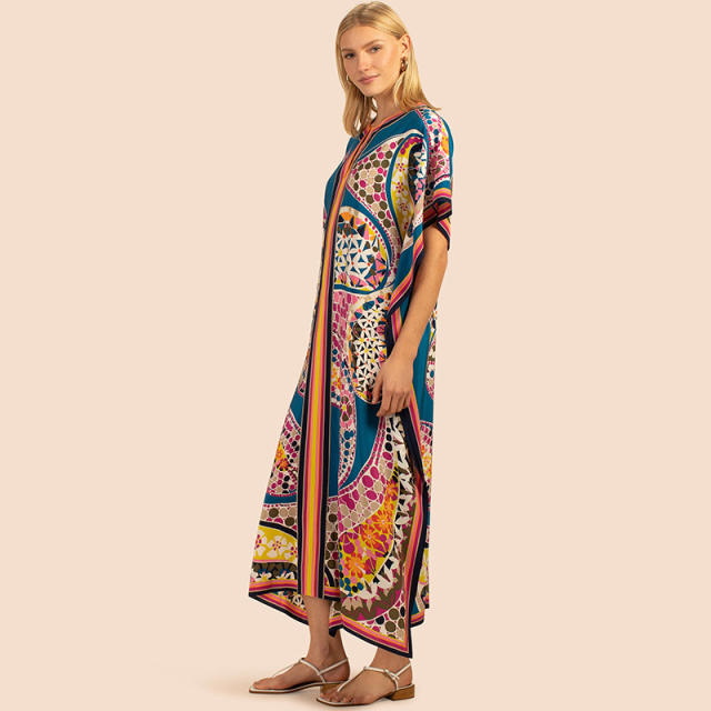 Occident fashion color printing loose beach dress cover up