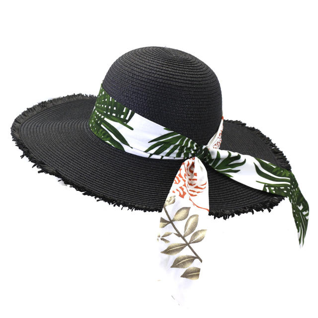 Leaf printing ribbon straw beach hat