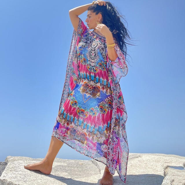 National pattern loose beach dress bikini cover up