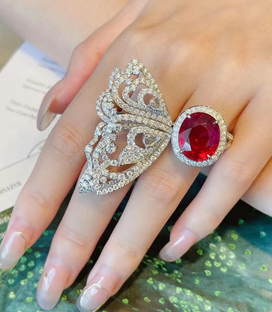 Luxury red cubic zircon large butterfly rings