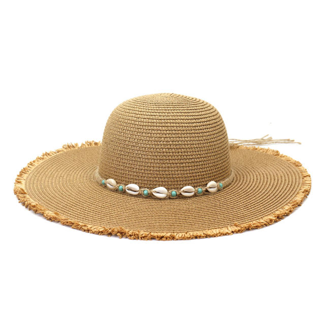 Wide brim shell accessory straw beach hat