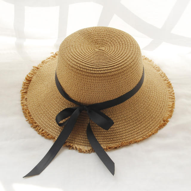 Black ribbon bow straw beach hat