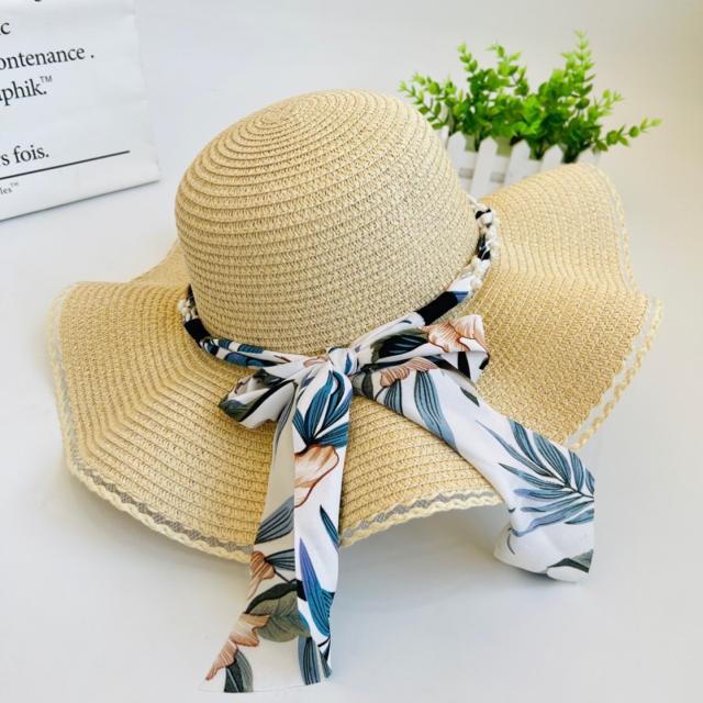Scarf bow wide brim straw beach hat