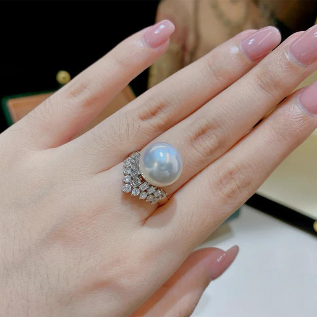 Elegant pave setting cubic zircon pearl rings