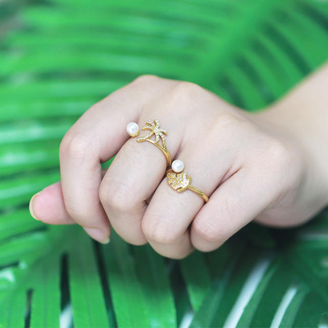 Summer leaf coconut tree pearl openning rings