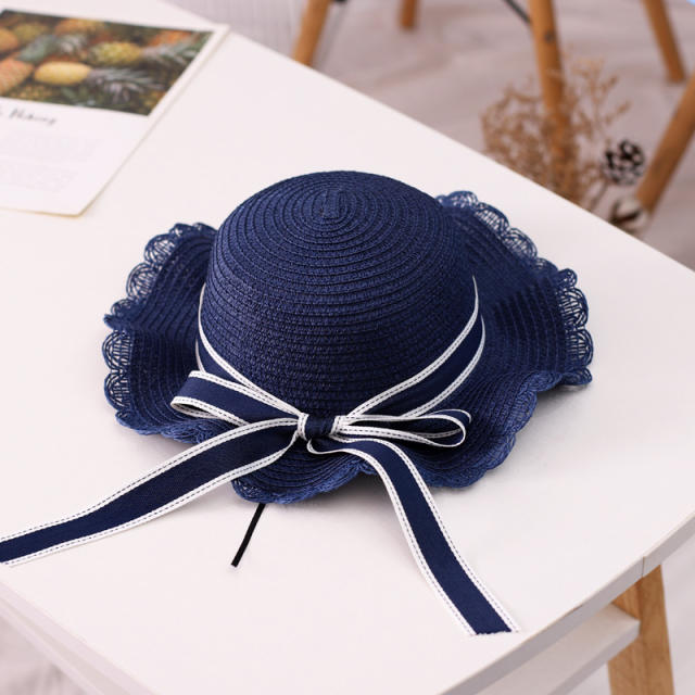 Mommy and baby wide brim ribbon bow straw hat