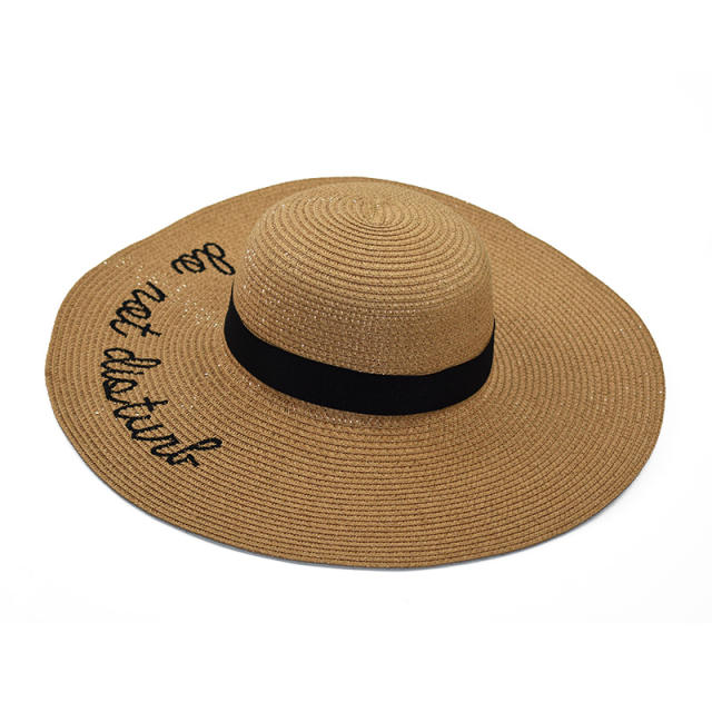 Embroidered letter wide brim straw hat