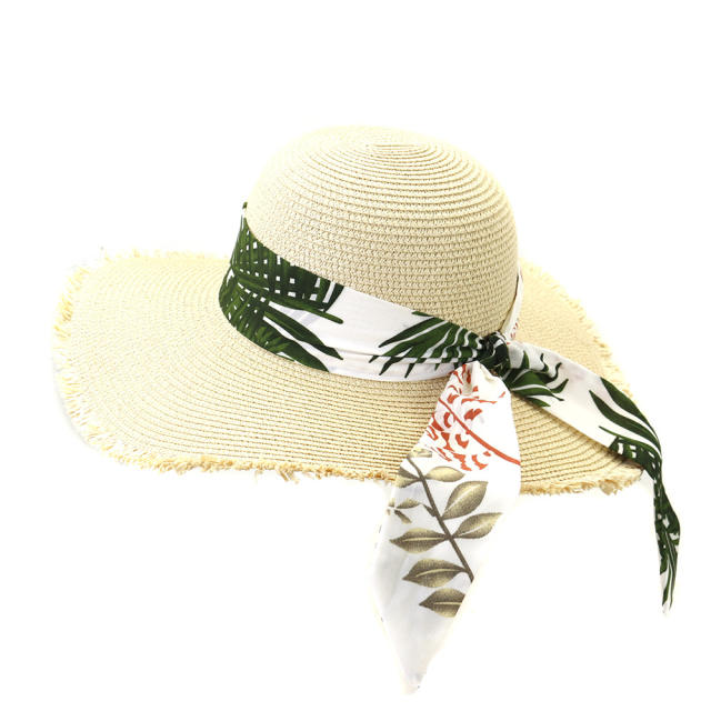 Leaf printing ribbon straw beach hat