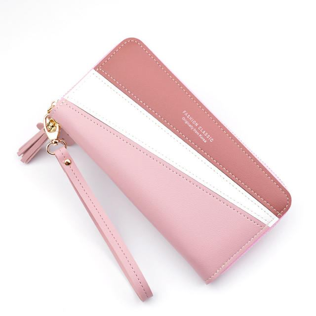 Long style stitching color zipper tassel purse