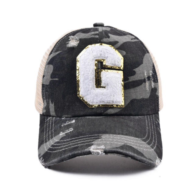 Camo initial letter ponytail baseball cap