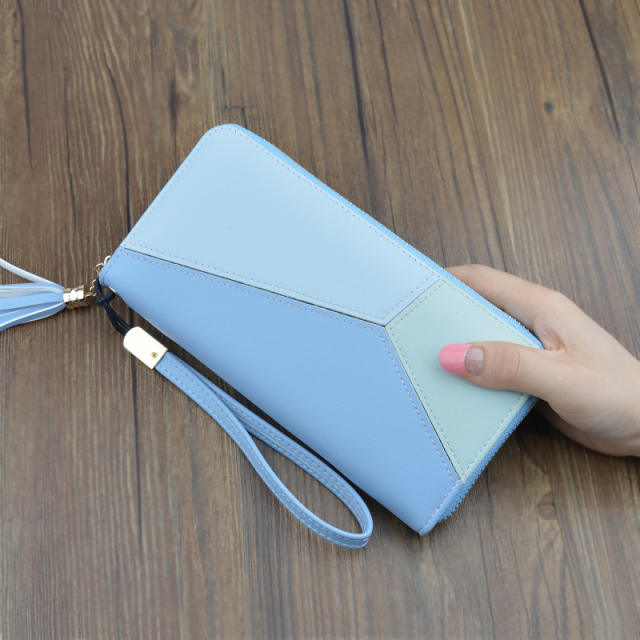Long style tassel zopper stitching color purse