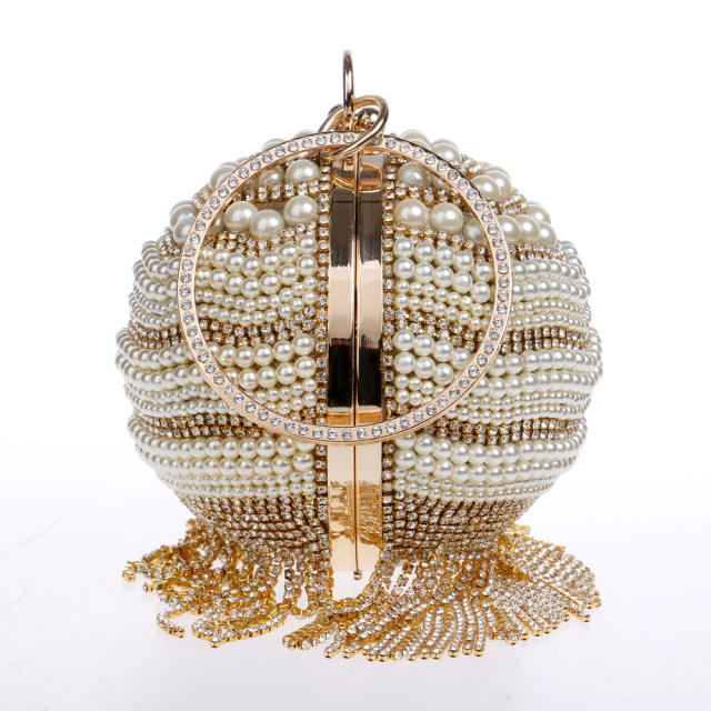 Luxury pearl beads rhinestone tassel ball shape evening bag