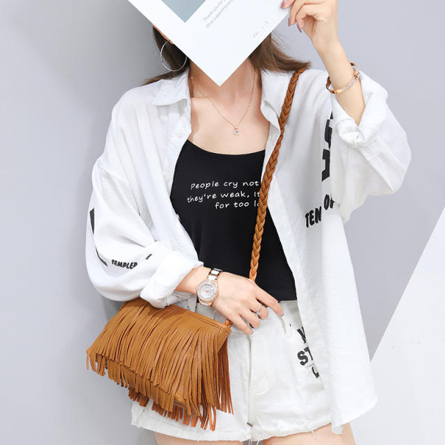 Braided strap tassel crossbody bag