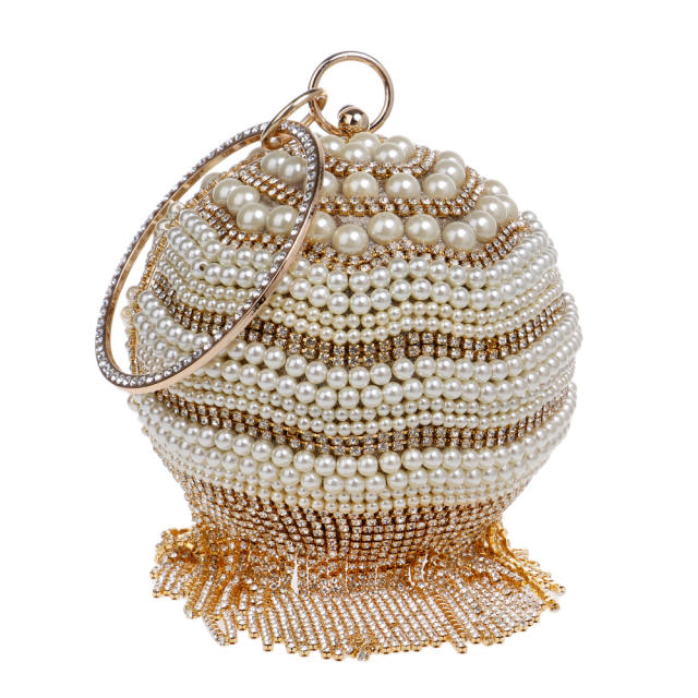 Luxury pearl beads rhinestone tassel ball shape evening bag