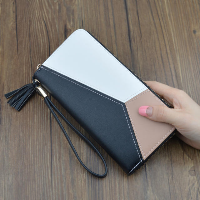 Long style tassel zopper stitching color purse