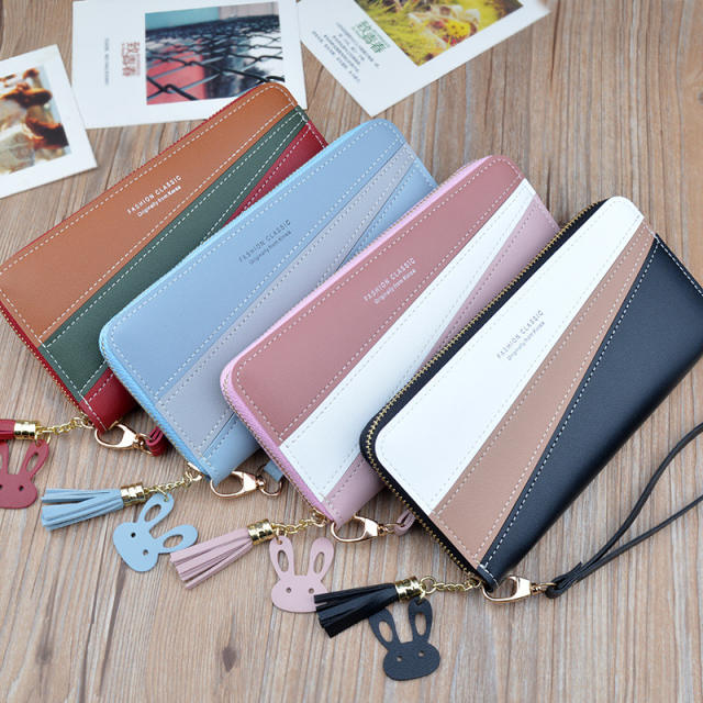 Long style stitching color zipper tassel purse