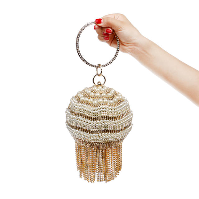 Luxury pearl beads rhinestone tassel ball shape evening bag