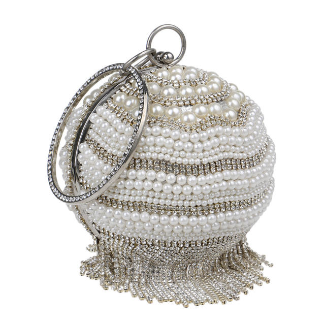 Luxury pearl beads rhinestone tassel ball shape evening bag